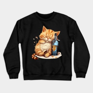 Drunk Cat Snoozing: Cartoon Cute Orange & Blue Drawing Crewneck Sweatshirt